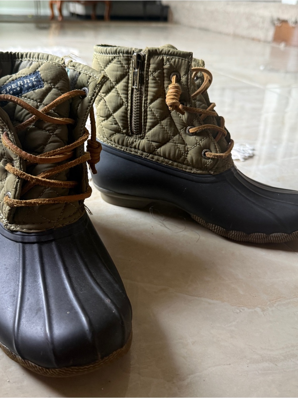 Sperry Olive Green and Black Quilted Duck Boots
